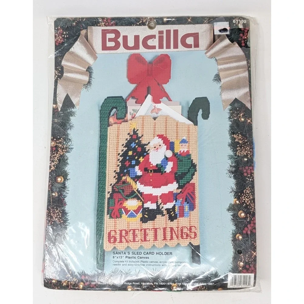 Vintage Bucilla Christmas Plastic Canvas Santa's Sled Christmas Card Holder Kit